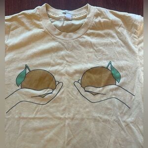 Small Women’s “Froobs” t-shirt (Fruit boobies) Artist crafted, yellow tee
